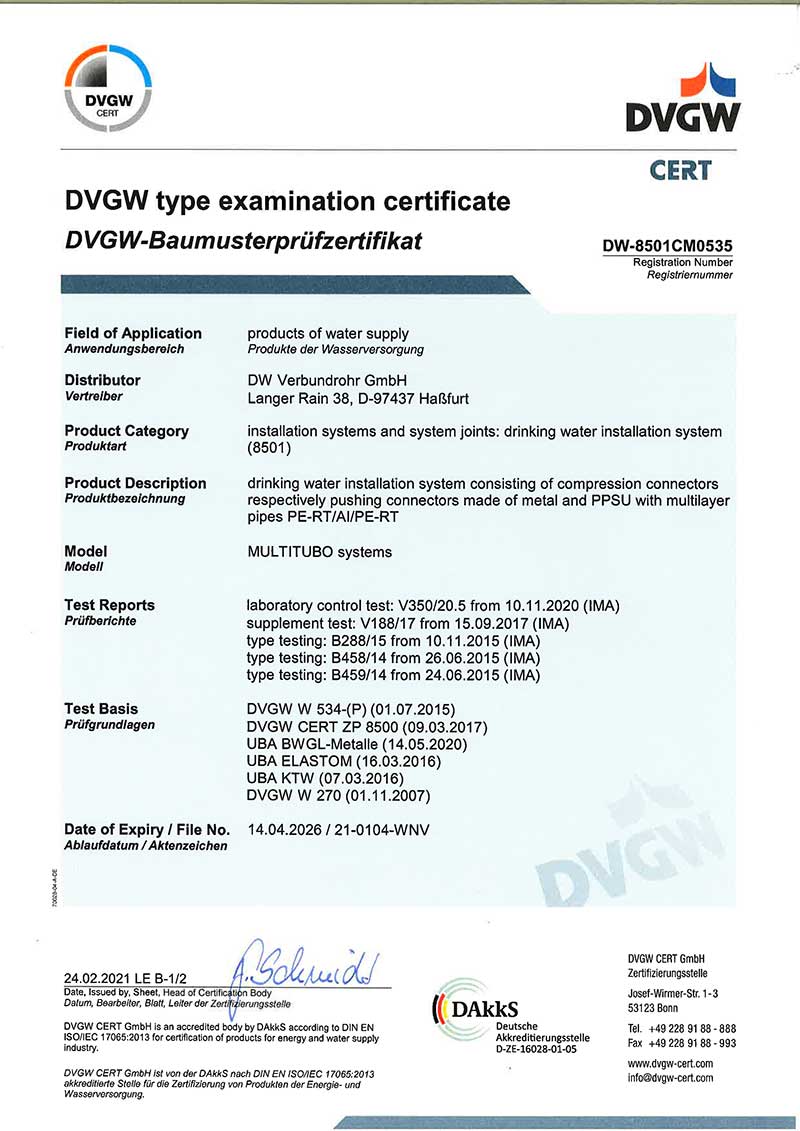 multitubo: certification - DVGW