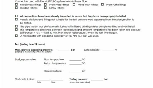 Pressure test protocol for underfloor heating systems, testing with water