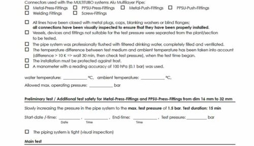 Pressure test protocol for drinking water pipes, testing with water